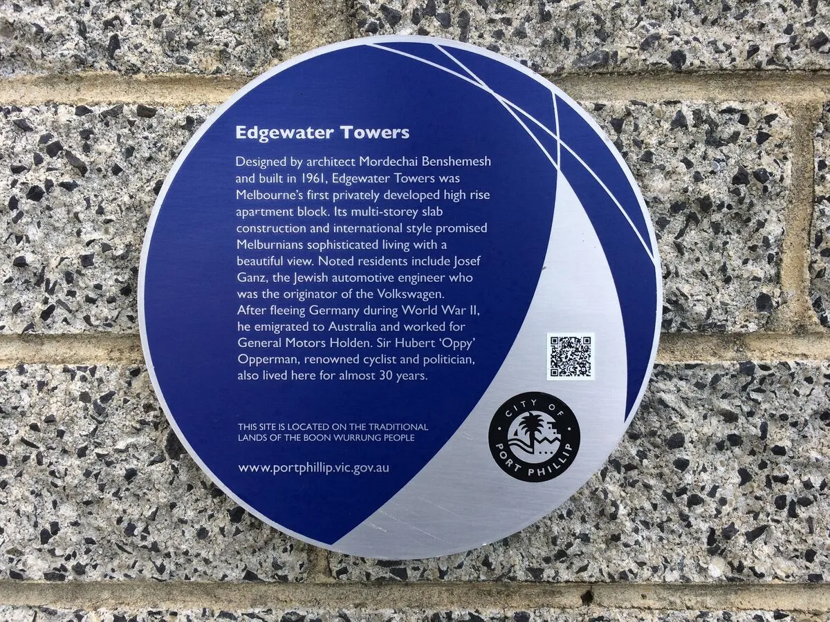 The heritage plaque at Edgewater Towers naming Josef Ganz