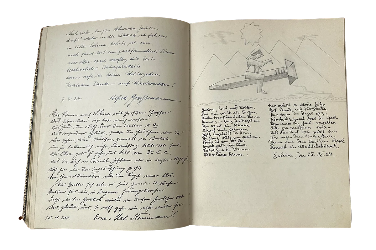 Guestbook double page with poem and drawing by Josef "Seppl" Ganz, 25 April 1924